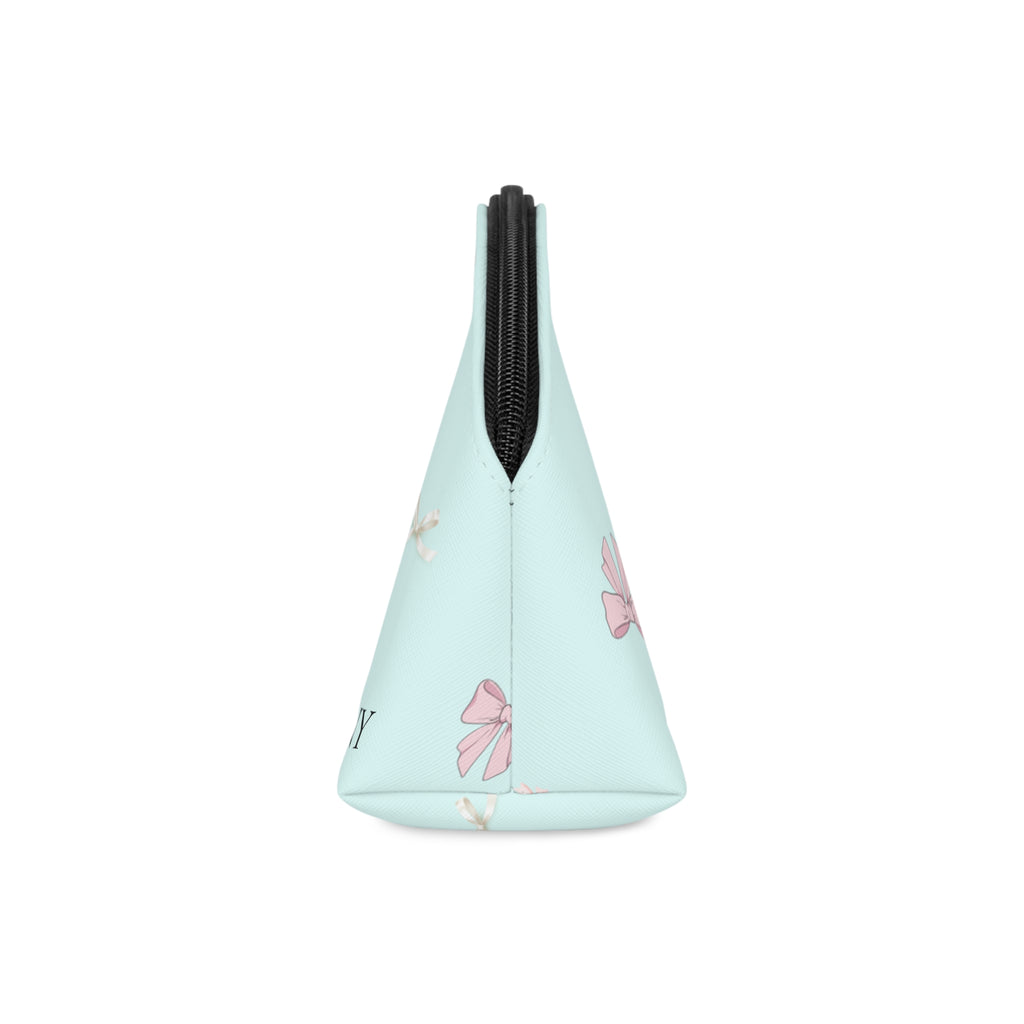 Bow Pattern Makeup Bag — Pastel Blue Cosmetic Pouch with Pink Bows