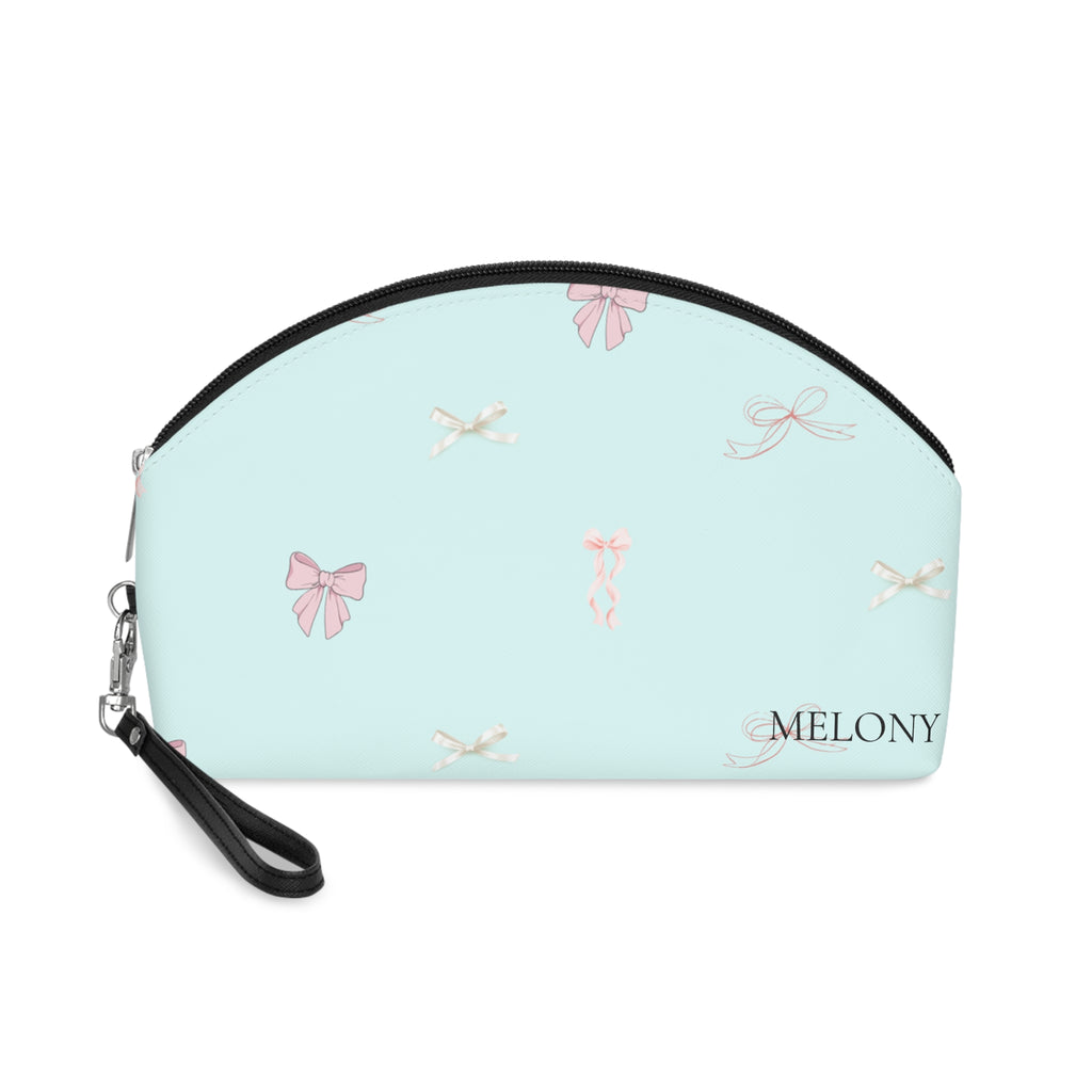 Bow Pattern Makeup Bag — Pastel Blue Cosmetic Pouch with Pink Bows