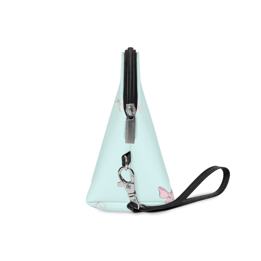 Bow Pattern Makeup Bag — Pastel Blue Cosmetic Pouch with Pink Bows