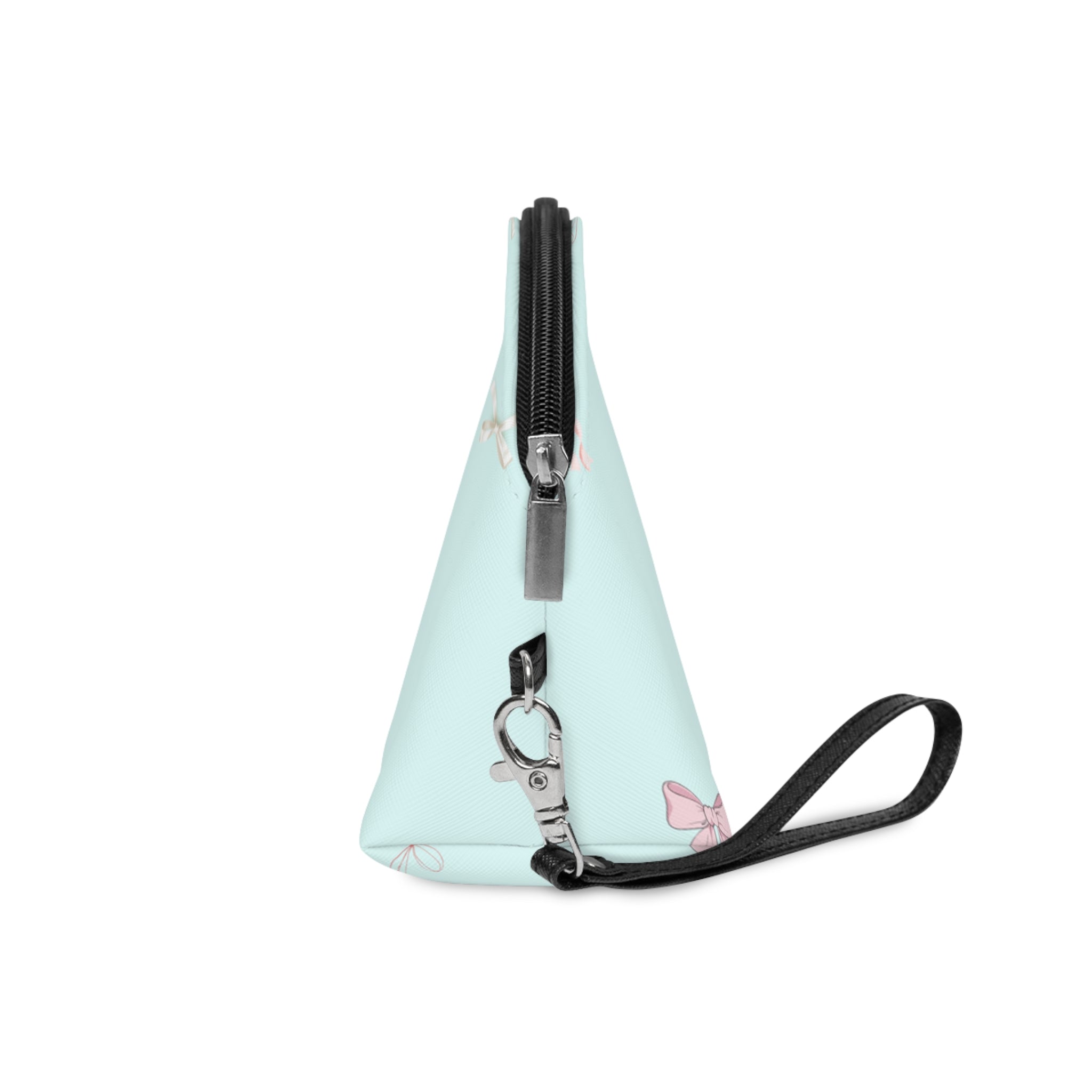 Bow Pattern Makeup Bag — Pastel Blue Cosmetic Pouch with Pink Bows