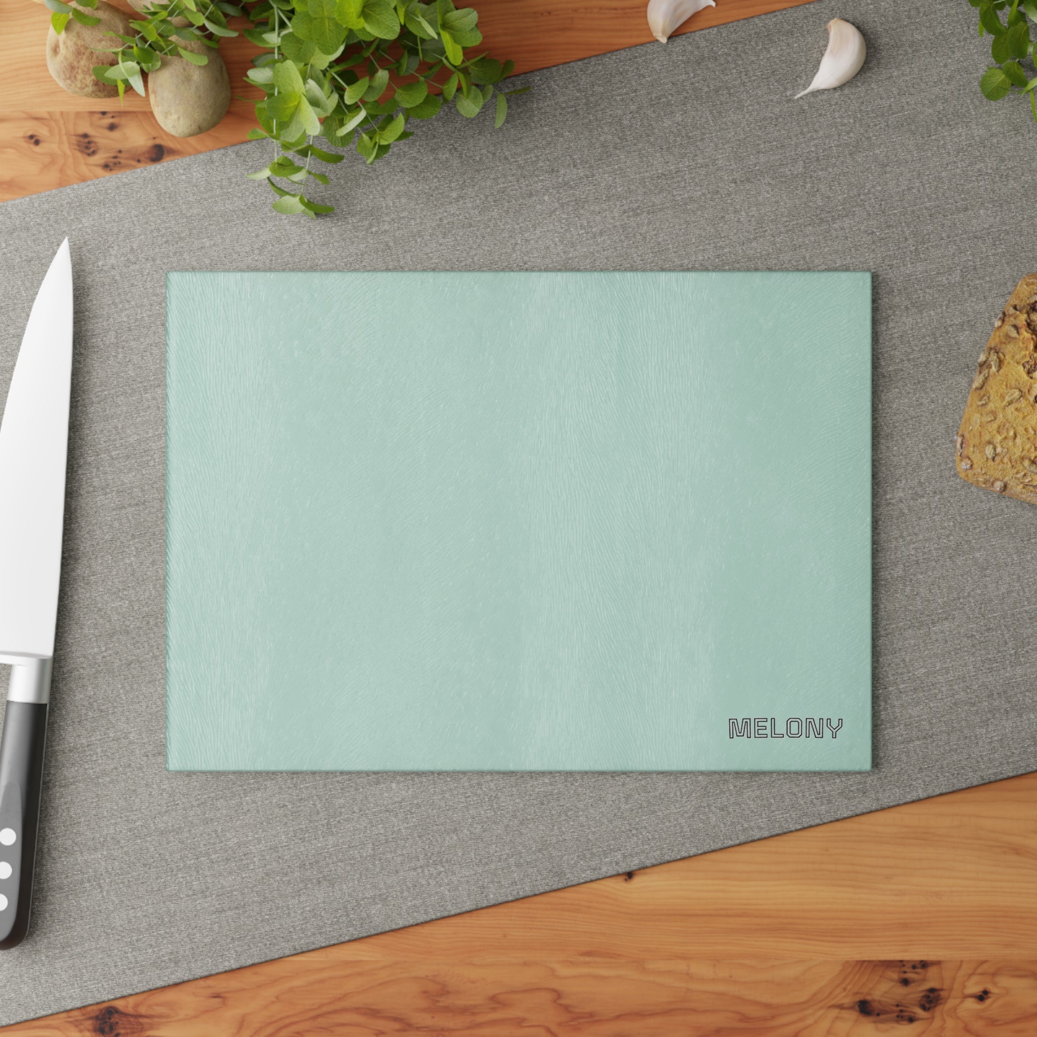 Personalized Mint Glass Cutting Board — Custom Name 'Melony'
