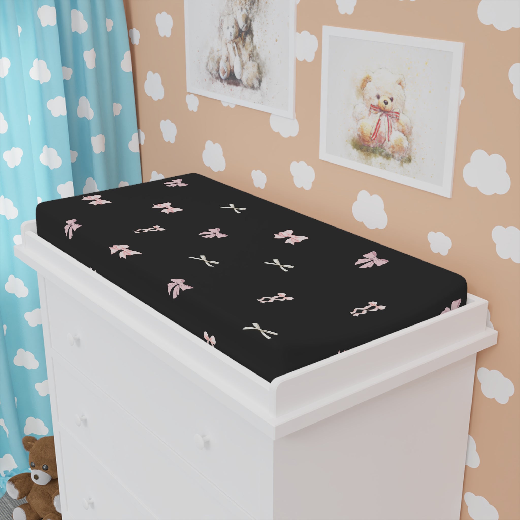 Black Floral Bow Baby Changing Pad Cover — Pink Bow Pattern Nursery Accessory