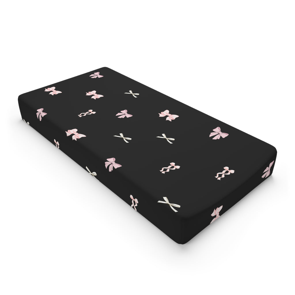 Black Floral Bow Baby Changing Pad Cover — Pink Bow Pattern Nursery Accessory