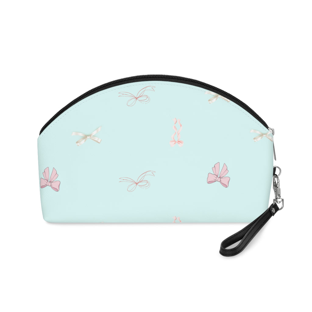 Bow Pattern Makeup Bag — Pastel Blue Cosmetic Pouch with Pink Bows