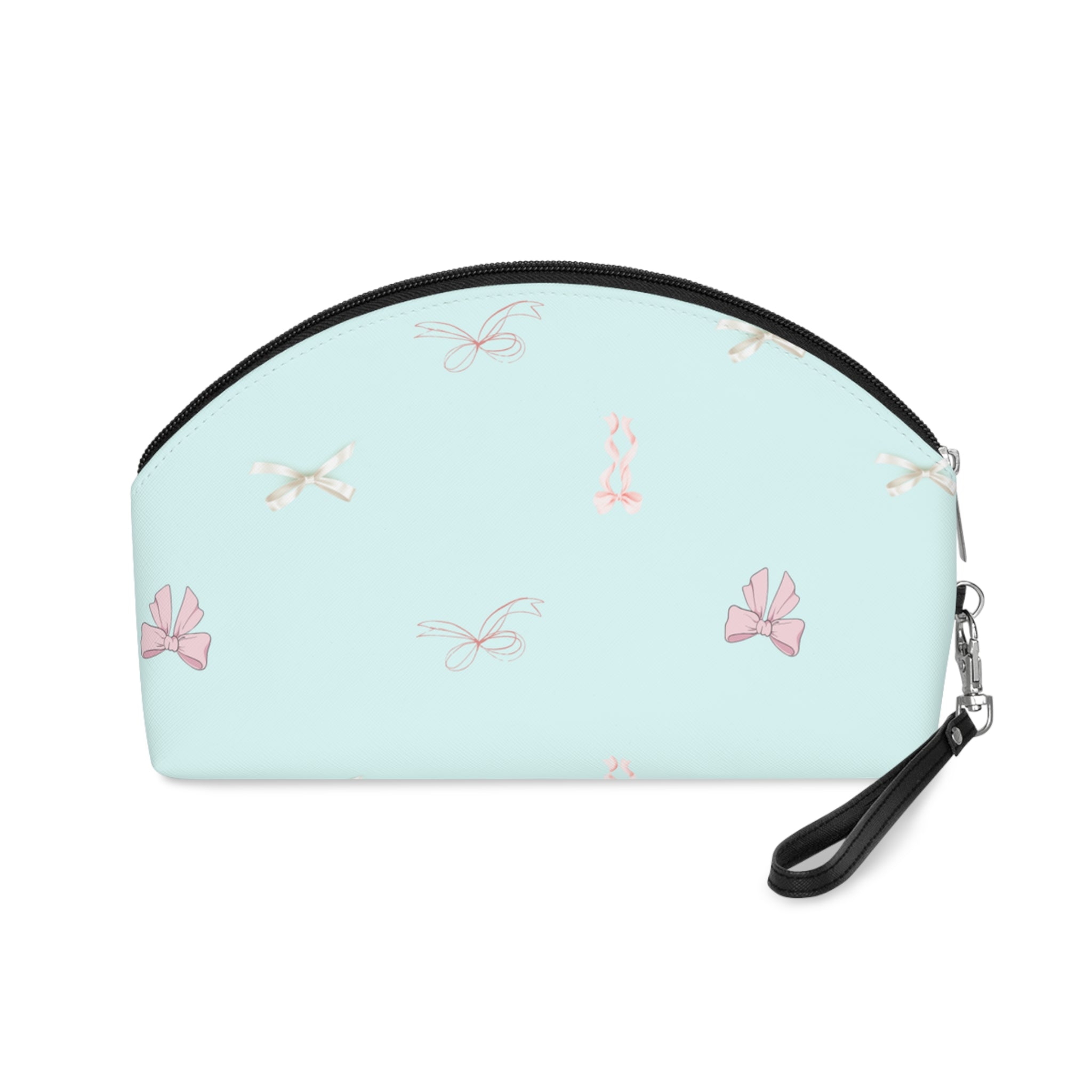 Bow Pattern Makeup Bag — Pastel Blue Cosmetic Pouch with Pink Bows