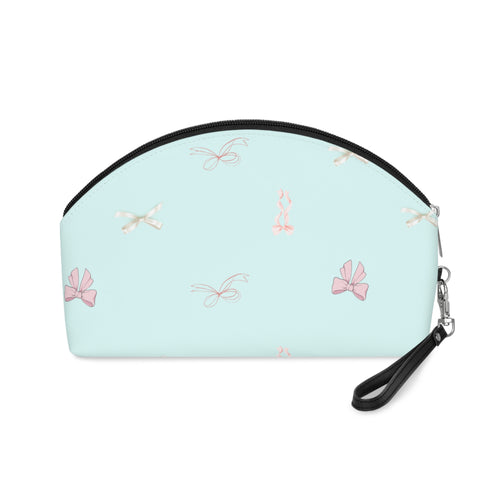 Bow Pattern Makeup Bag — Pastel Blue Cosmetic Pouch with Pink Bows